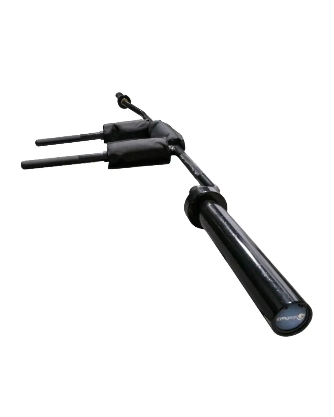 Black padded barbell grip handle with adjustable forearm support and branded logo on the end for gym gear olympic safety squat bar