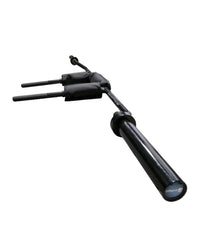 Black padded barbell grip handle with adjustable forearm support and branded logo on the end for gym gear olympic safety squat bar