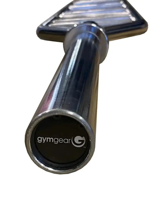 Chrome finished Gym Gear Olympic Swiss barbell with black end cap and logo suitable for UK delivery