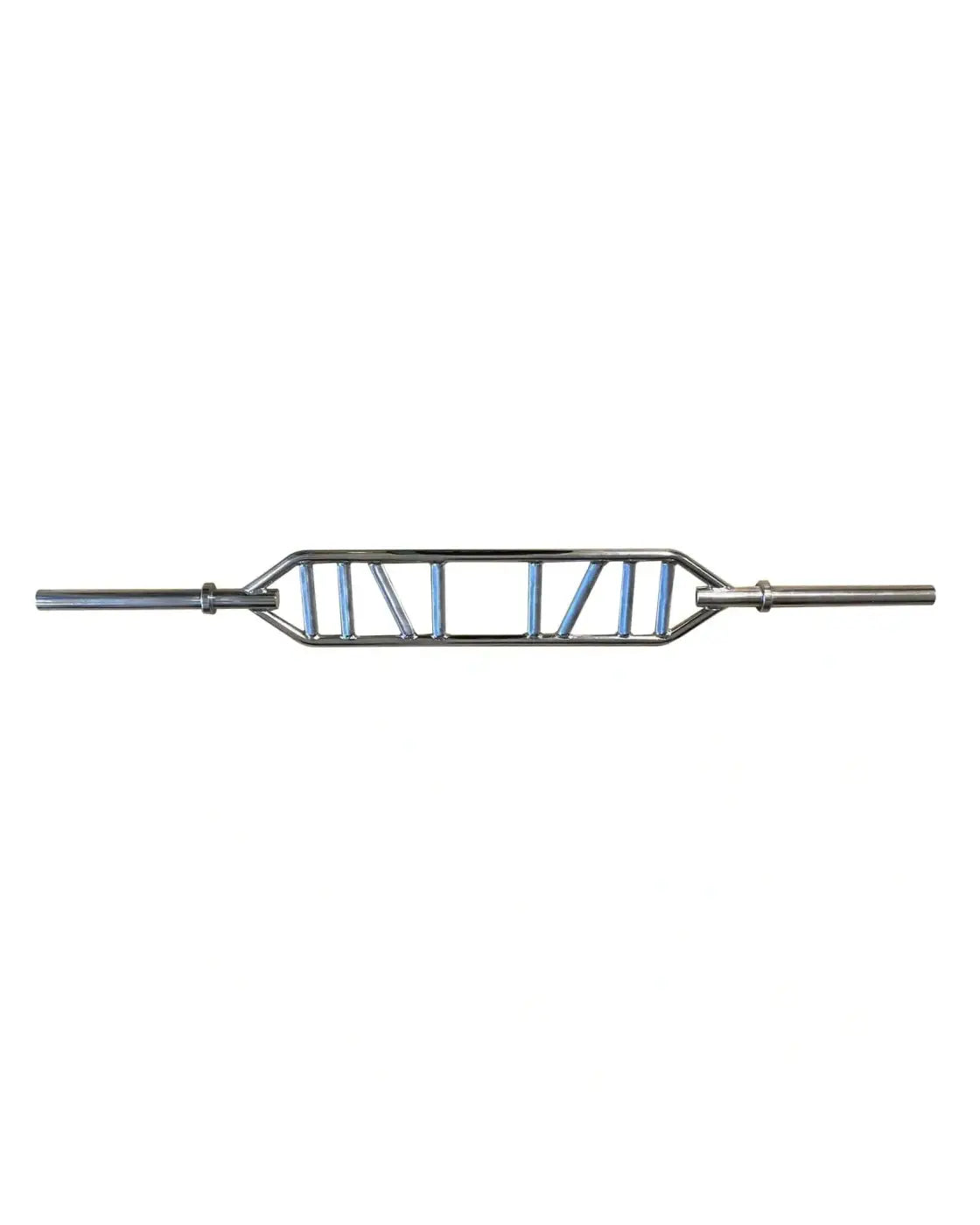 Silver chrome-finished gym gear Olympic Swiss barbell with v-shaped cage design and two cylindrical handles, UK delivery