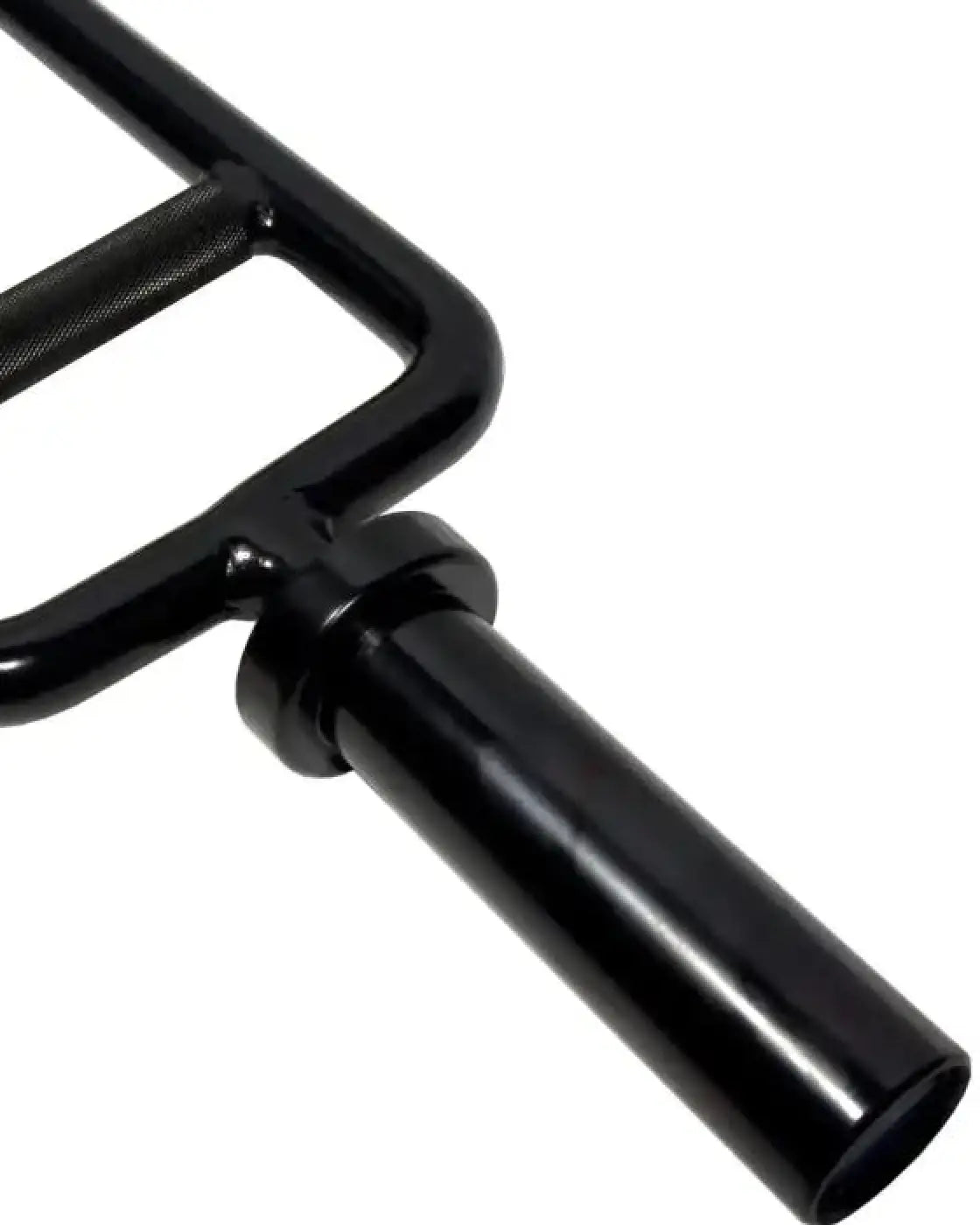 Black Olympic tricep bar with textured metal grip and central cylindrical handle for home gym use