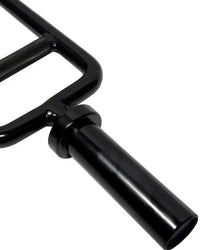 Black Olympic tricep bar with textured metal grip and central cylindrical handle for home gym use