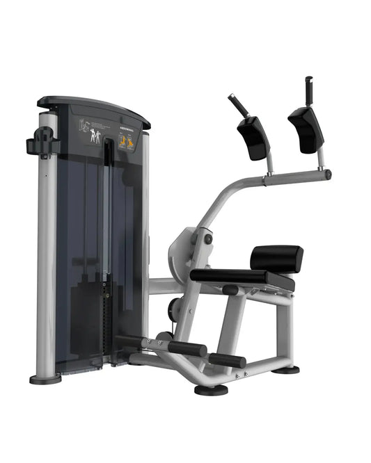 Silver and black gym gear perform series abdominal machine with padded handles, seat, and backrest for uk delivery