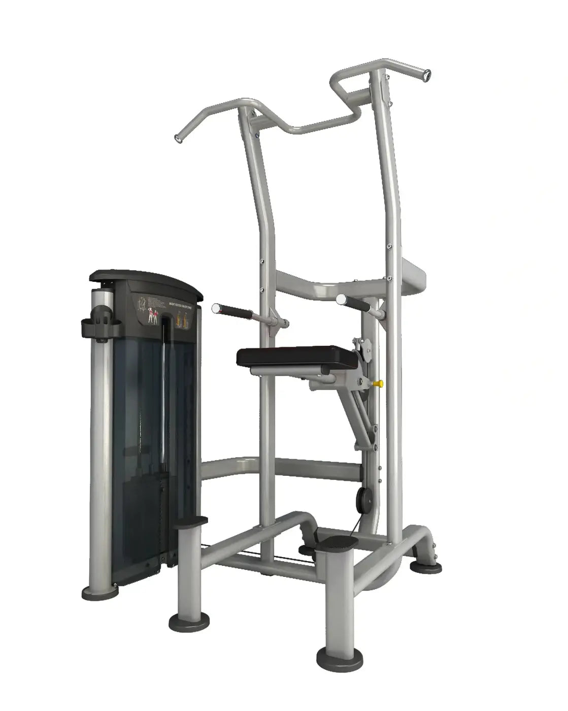 Silver metal upright press machine with black padded seat and weight stack from Gym Gear Perform Series assisted chin dip