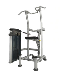 Silver metal upright press machine with black padded seat and weight stack from Gym Gear Perform Series assisted chin dip