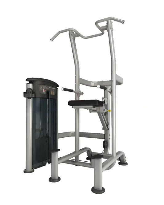 Silver metal upright press machine with black padded seat and weight stack from Gym Gear Perform Series assisted chin dip
