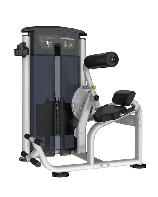 Silver and black gym gear perform series back extension machine with padded seat and handle for home use