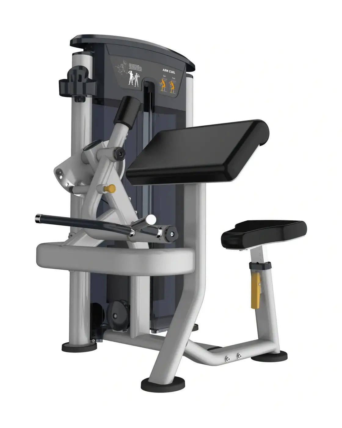 Silver and black adjustable Gym Gear Perform Series bicep curl machine with padded seat and weight stack for home use