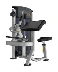 Silver and black adjustable Gym Gear Perform Series bicep curl machine with padded seat and weight stack for home use
