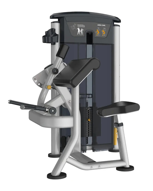 Silver and black gym gear perform series bicep curl machine with sturdy metal frame, padded seat, and adjustable weights for home use