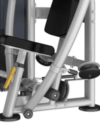 Gym gear perform series chest press with silver metal frame black padded seat yellow adjustment lever and weight plates