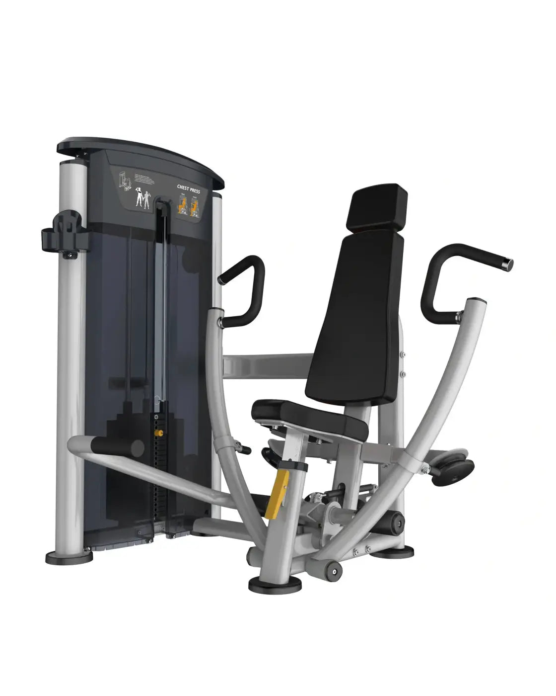 Silver and black gym gear perform series chest press machine with padded seat and backrest for strength training