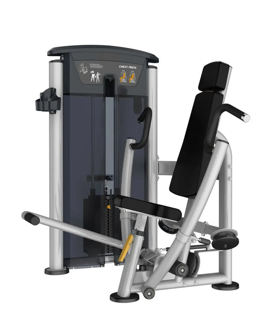 Silver and black chest press exercise machine with padded seat and backrest from gym gear perform series uk delivery