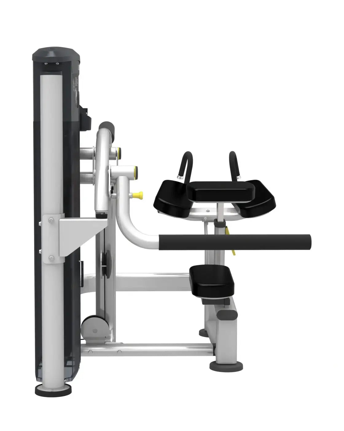 Silver and black weighted back extension glute machine with padded seat and handlebars for home use by Gym Gear