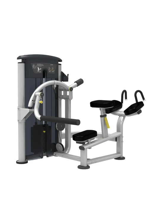 Silver and black gym gear perform series glute machine with adjustable handles and padded seat for home use abdominal exercise