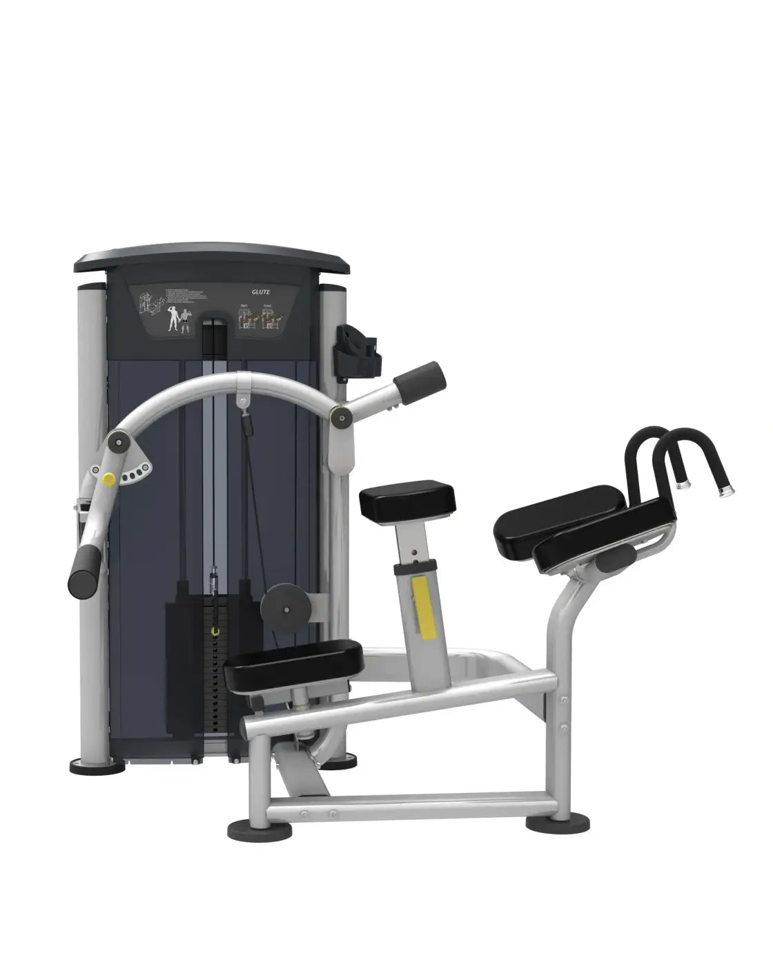 Gym Gear Perform Series silver and black glute machine with adjustable resistance cables and padded seat for home use