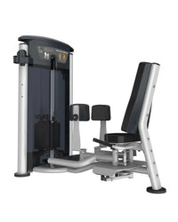 Silver and black metal gym gear perform series inner outer thigh machine with padded seat and weight stack for leg exercises