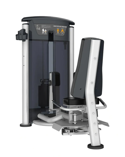 Gym Gear Perform Series inner outer thigh abductor and adductor machine in silver and black with padded seat and adjustable resistance