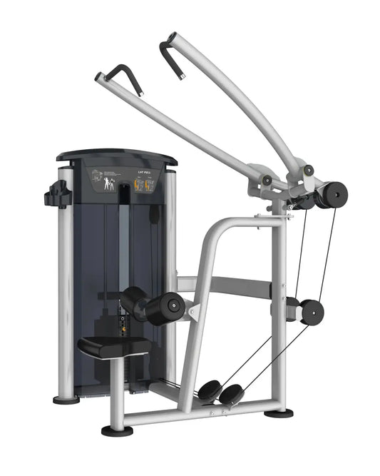 Silver and black gym gear perform series lat pulldown fixed lat phil chest press machine with adjustable weights and padded seat
