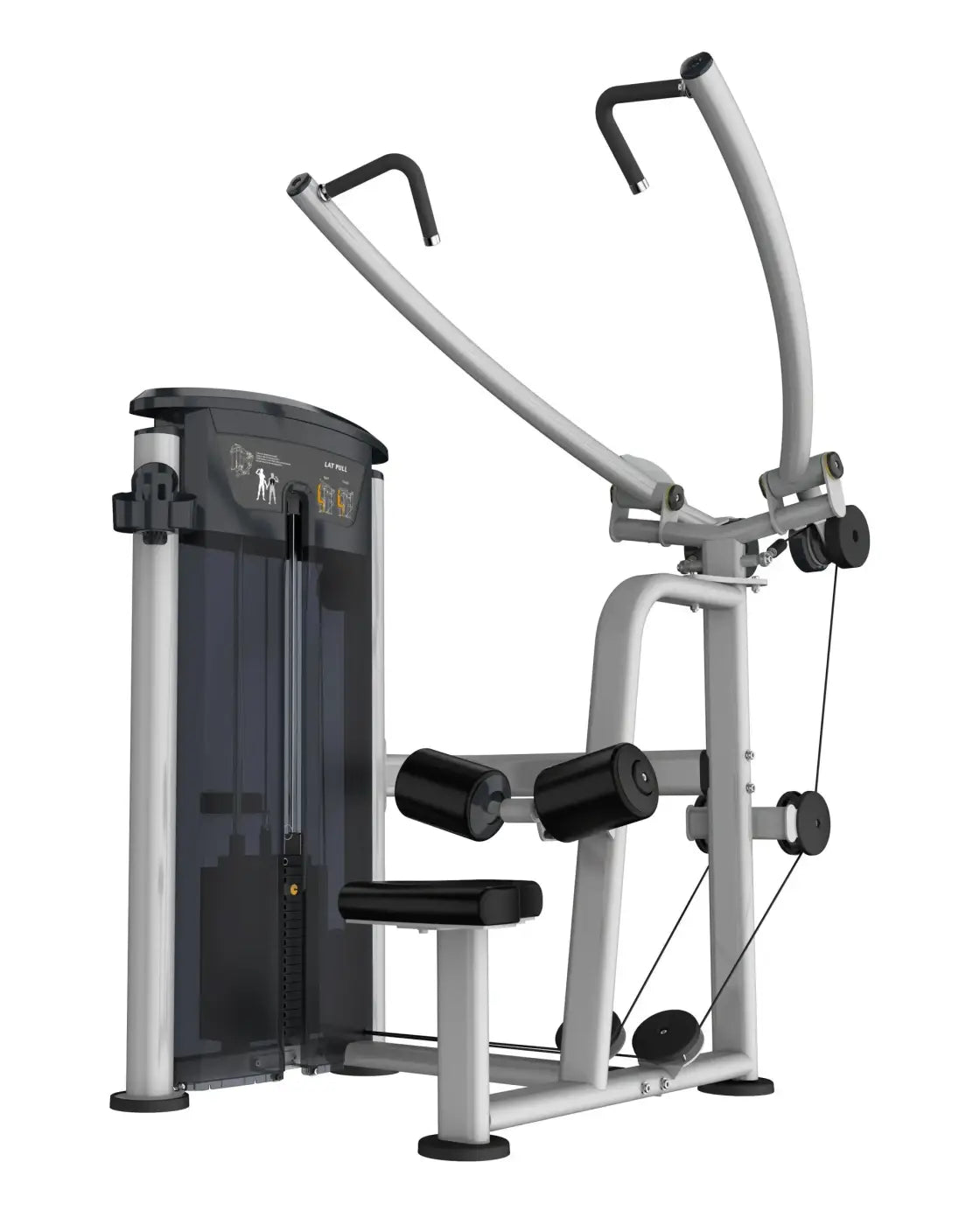 Silver and black cable crossover lat pulldown fixed machine with adjustable weight stacks for home use