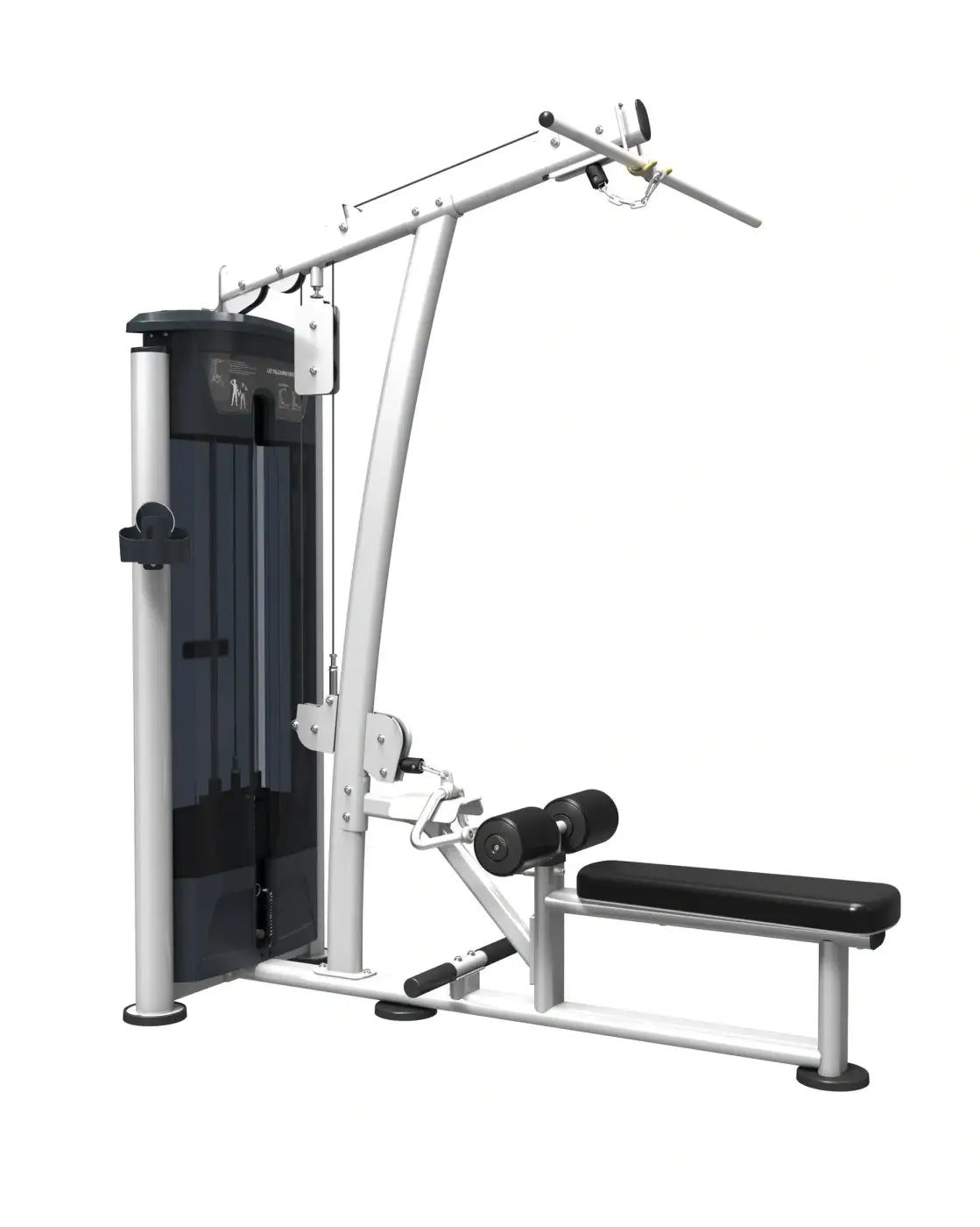 Silver and black gym gear perform series lat pulldown low row cable machine with padded bench and adjustable weight stack