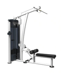 Silver and black gym gear perform series lat pulldown low row cable machine with padded bench and adjustable weight stack