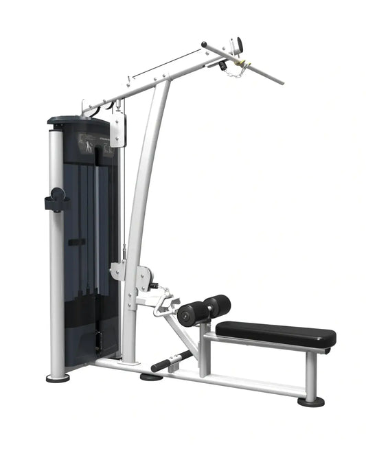 Silver and black gym gear perform series lat pulldown low row cable machine with padded bench and adjustable weight stack