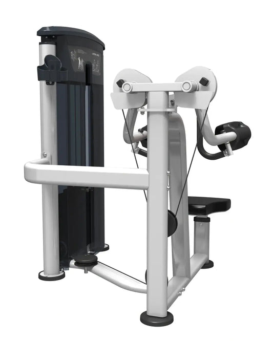 Silver and black cable-driven shoulder press machine with adjustable weight stack for gym gear perform series lateral raise uk delivery