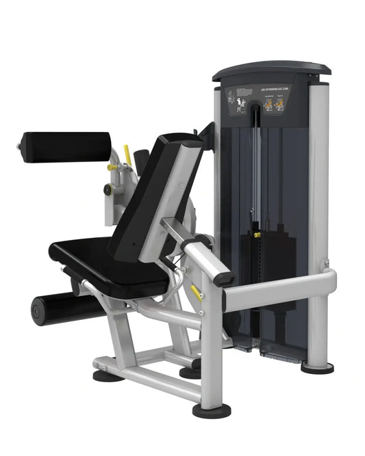 Silver and black Gym Gear Perform Series leg extension machine with padded seat, adjustable foot platform, and weight stack
