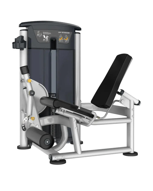 Silver and black gym gear perform series leg extension machine with padded seat and foot platform for home training