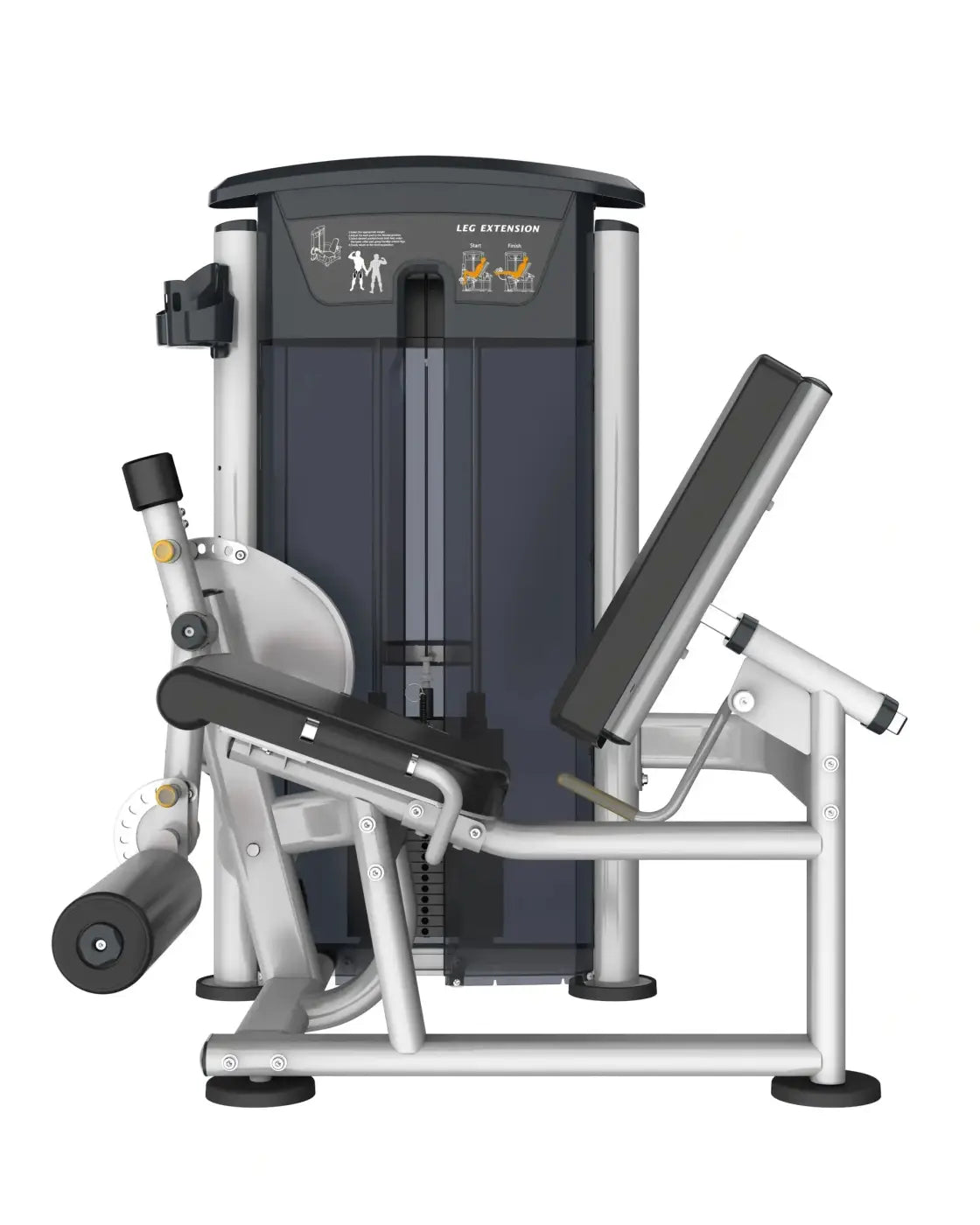 Silver and black gym gear perform series leg extension machine with padded seat and foot platform for home training