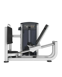 Silver and black Gym Gear Perform Series leg press calf raise machine with sturdy frame, padded seat, and foot platform for home use
