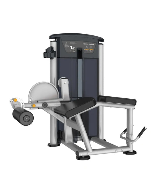 Silver and black gym gear perform series lying leg curl machine with padded seat and adjustable leg curl attachment showing back side