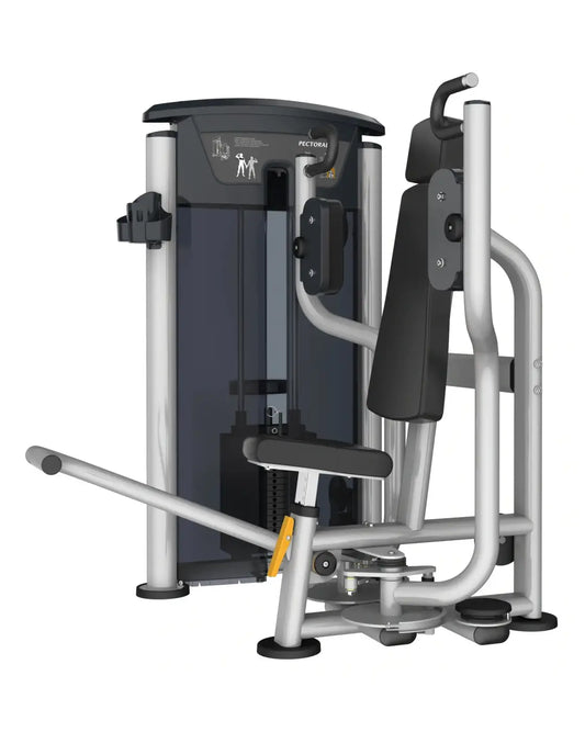 Silver and black Gym Gear Perform Series pec deck machine with padded seat, adjustable handles, and weight stack for home training
