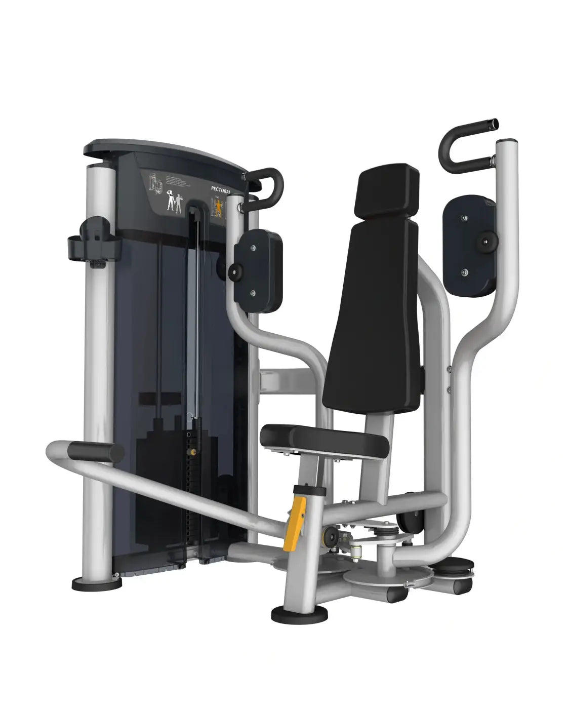 Silver and black commercial-grade chest press machine with padded seat and handles from Gym Gear Perform Series for home training