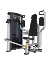Silver and black commercial-grade chest press machine with padded seat and handles from Gym Gear Perform Series for home training