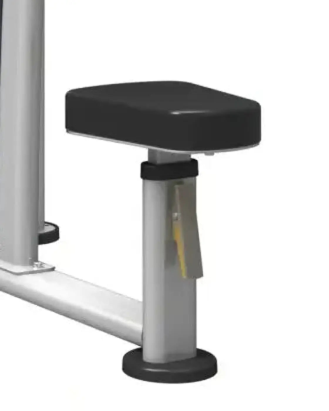 Gym gear perform series pec fly rear home use black padded seat with silver metal frame and circular base in back view