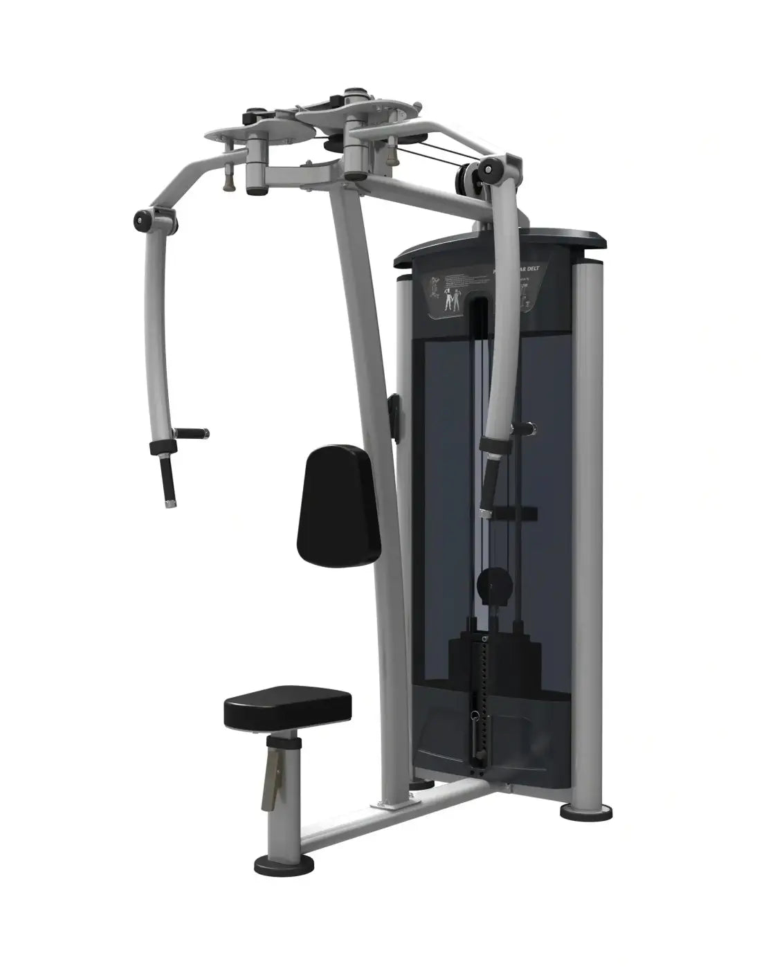 Silver and black butterfly-style gym gear perform series pec fly rear machine with padded seat and backrest for home use