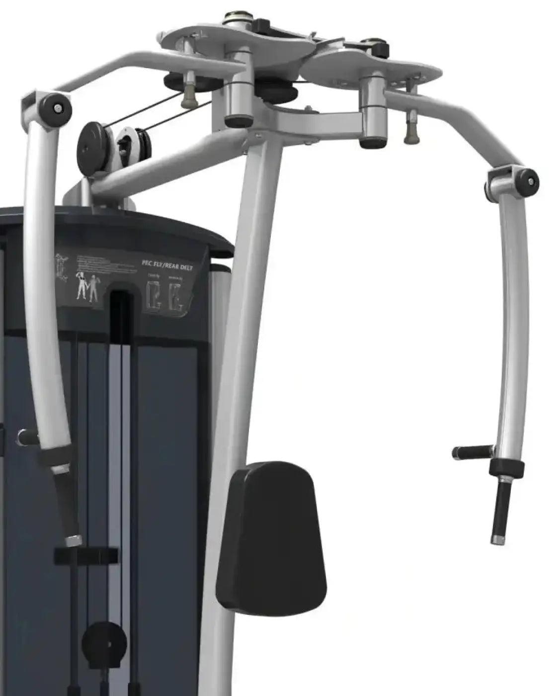 Silver and black Precor chest fly machine with adjustable arm handles and weight stack for home use gym gear perform series