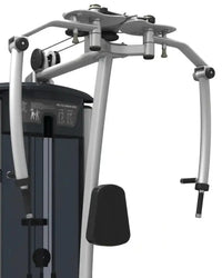 Silver and black Precor chest fly machine with adjustable arm handles and weight stack for home use gym gear perform series