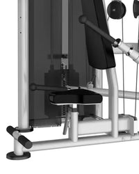 Black padded seat with silver metal frame on gym gear perform series seated dip machine featuring compact design