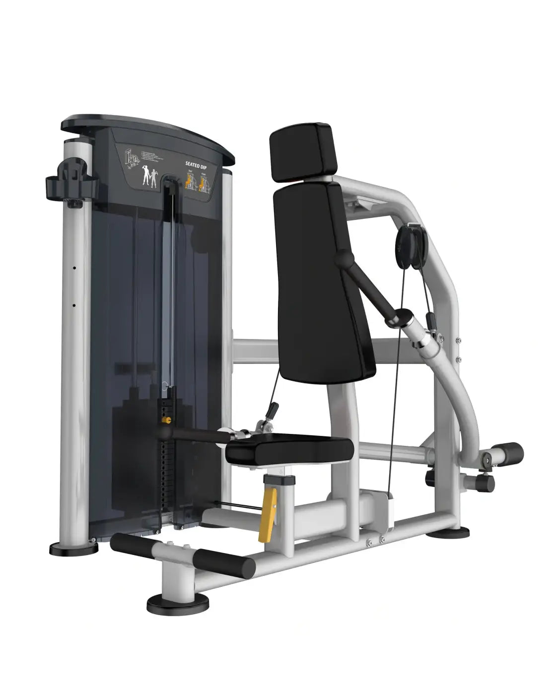 Silver and black gym gear perform series seated dip machine with padded seat and backrest showing weight stack system