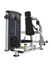 Silver and black gym gear perform series seated dip machine with padded seat and backrest showing weight stack system