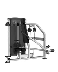 Silver and black cable-driven chest press machine with padded seat and backrest from gym gear perform series seated dip compact design