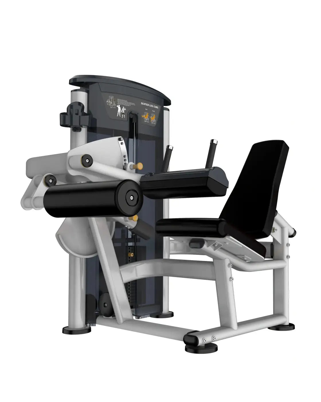 Silver and black gym gear perform series seated leg curl machine with padded seat and foot platform compact design