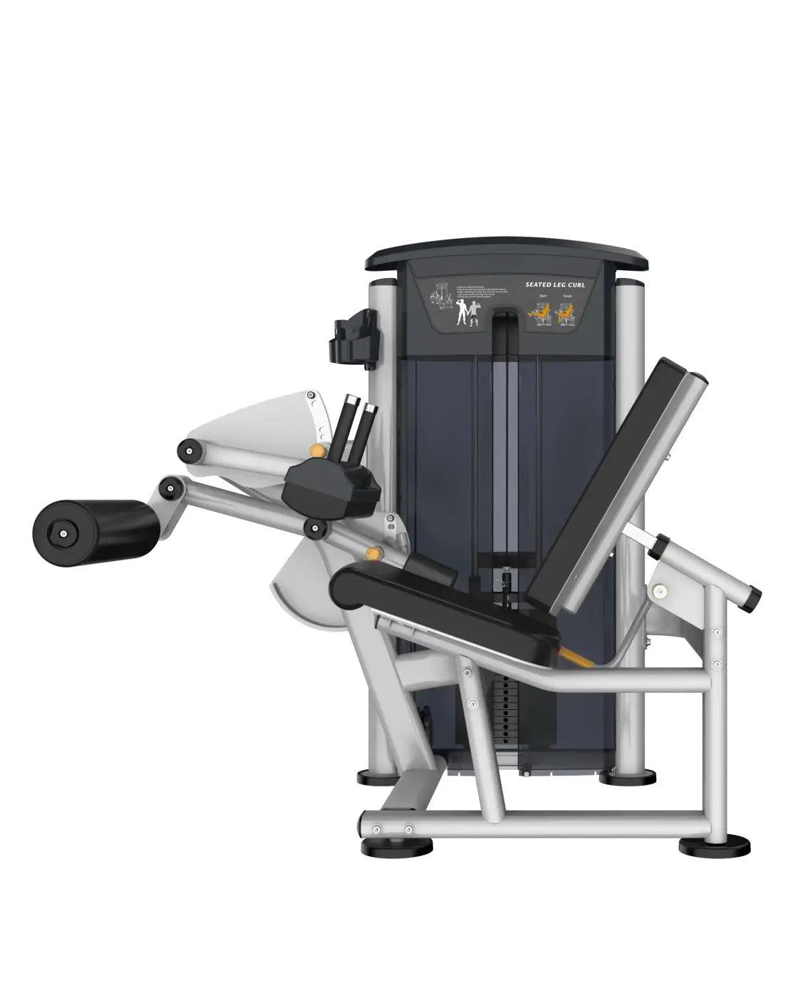 Gym Gear Perform Series seated leg curl machine in silver and black with padded seat and adjustable foot platform