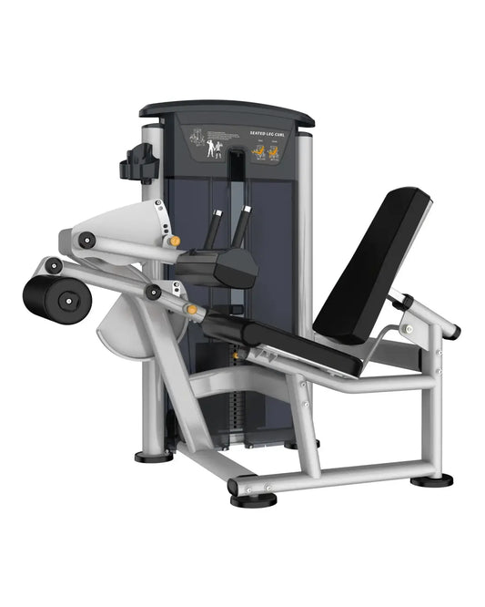 Silver and black gym gear perform series seated leg curl machine with padded seat and foot platform compact design