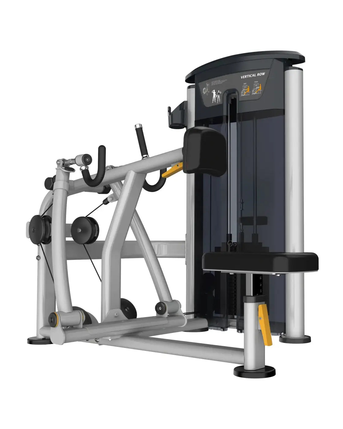 Gym Gear Perform Series seated row machine in silver and black with yellow accent handles and a compact vertical design