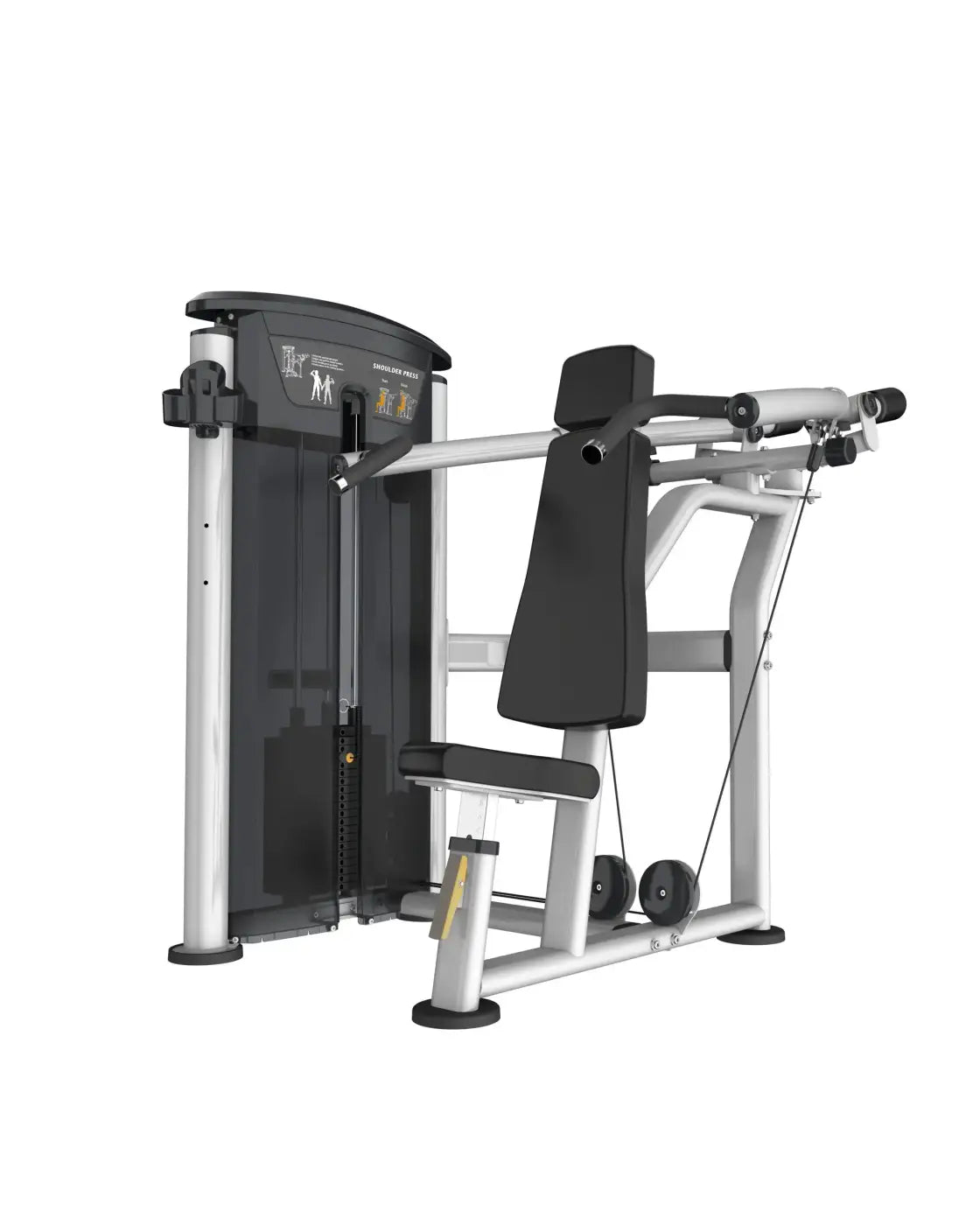 Silver and black gym gear perform series shoulder press machine with padded seat and backrest for home training