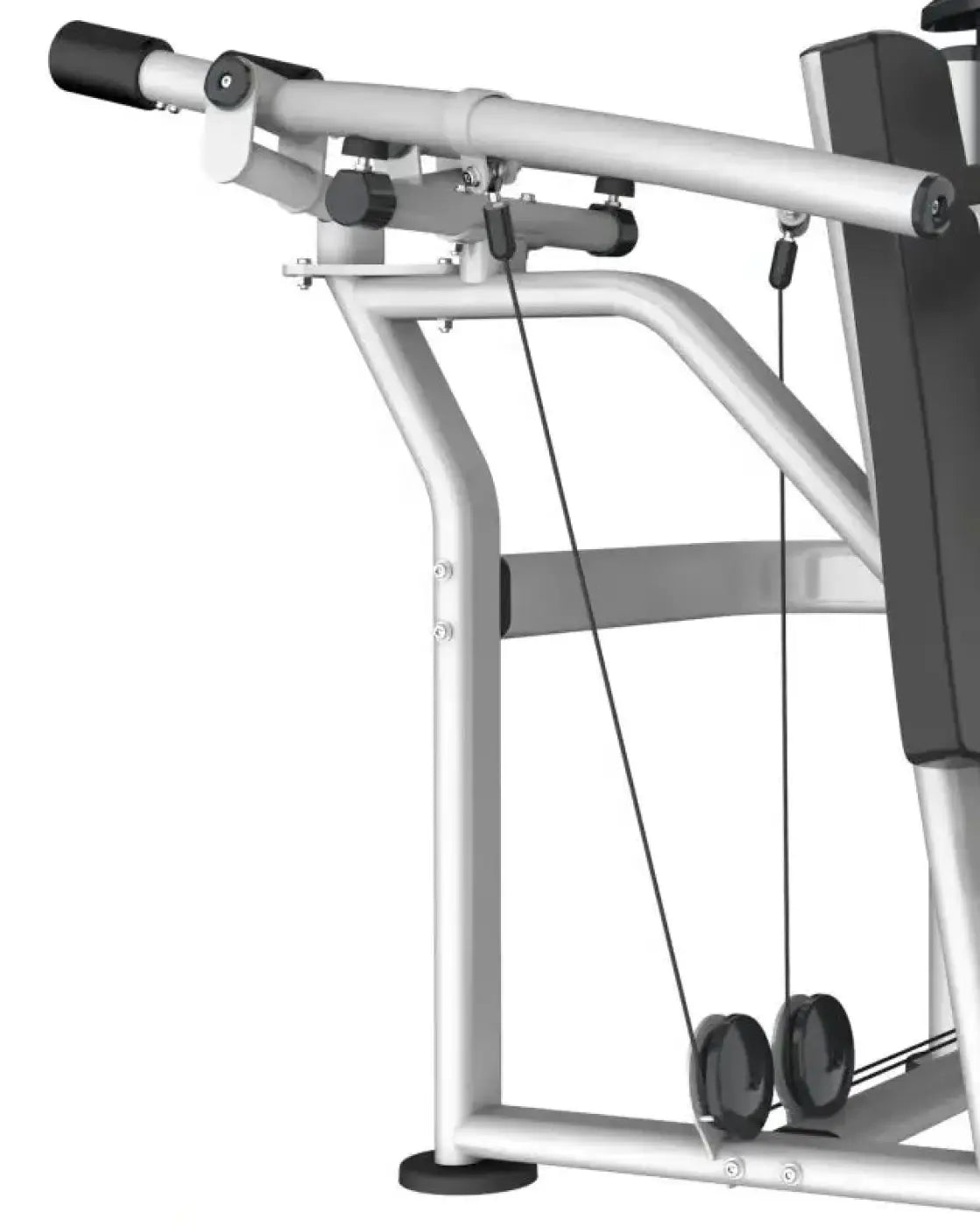 Silver metal gym gear perform series shoulder press with black padded handles and weight plates for home training
